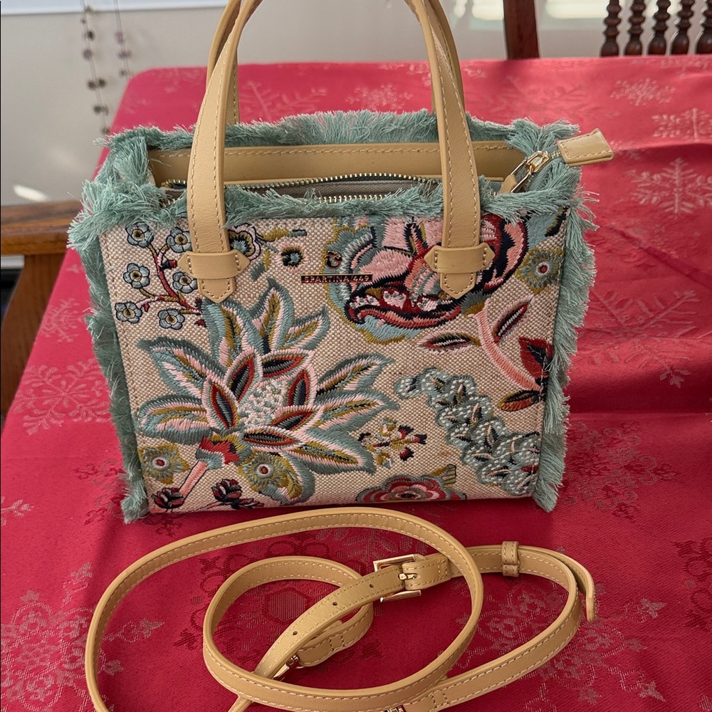 Spartina 449 Beige Floral Tapestry Satchel with Teal Fringe and Tan Handles